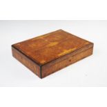 A burr walnut jewellery box in the style of David Linley, the shallow, inlaid, rectangular box
