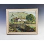 Ronald Ossory Dunlop, RA, RBA, NEAC (1894-1973), Oil on board, Cottage with bridge and hills, Signed