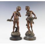 After August Moreau, two French bronzed spelter figures, one titled 'Bouquetiere', the other '