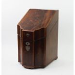 A George III mahogany knife box, inset with satinwood crossbanding, the interior of the hinged cover