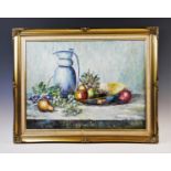 L Evans (British, 20th century), Oil on canvas, Still life of fruit and a jug, Signed lower right,