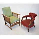 A 1920's beech plantation chair, with a reclining padded back and rattan sides, raised upon barley