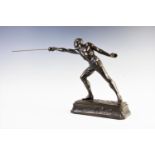 After Rudolf Kuchler, a composite bronzed figure of a fencer, on rectangular plinth base, 37cm high,