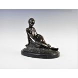 After Mme Leon Bertaux, a modern bronze of a reclining nude woman on oval marble base, stamped '