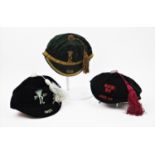 Three velvet sportsman's caps, one dated 1903-04, badged A.C.W.H.C, with another from 1937 and one