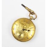 A Victorian 18ct gold open face pocket watch, marks for Ralph Samuel, London 1843, the gold toned