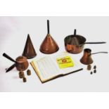 A collection of copper brewing items, late 19th century, to include, saucepan with iron handle,