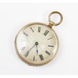 A lady's continental open face pocket watch, the silvered, textured dial with floral decoration
