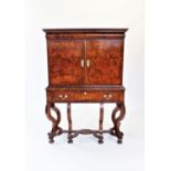A 17th/18th century and later Dutch walnut and marquetry chest on stand, the moulded cornice above