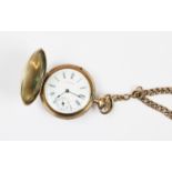 An Edwardian Waltham lady's plated full hunter fob watch, the white enamel dial with Roman