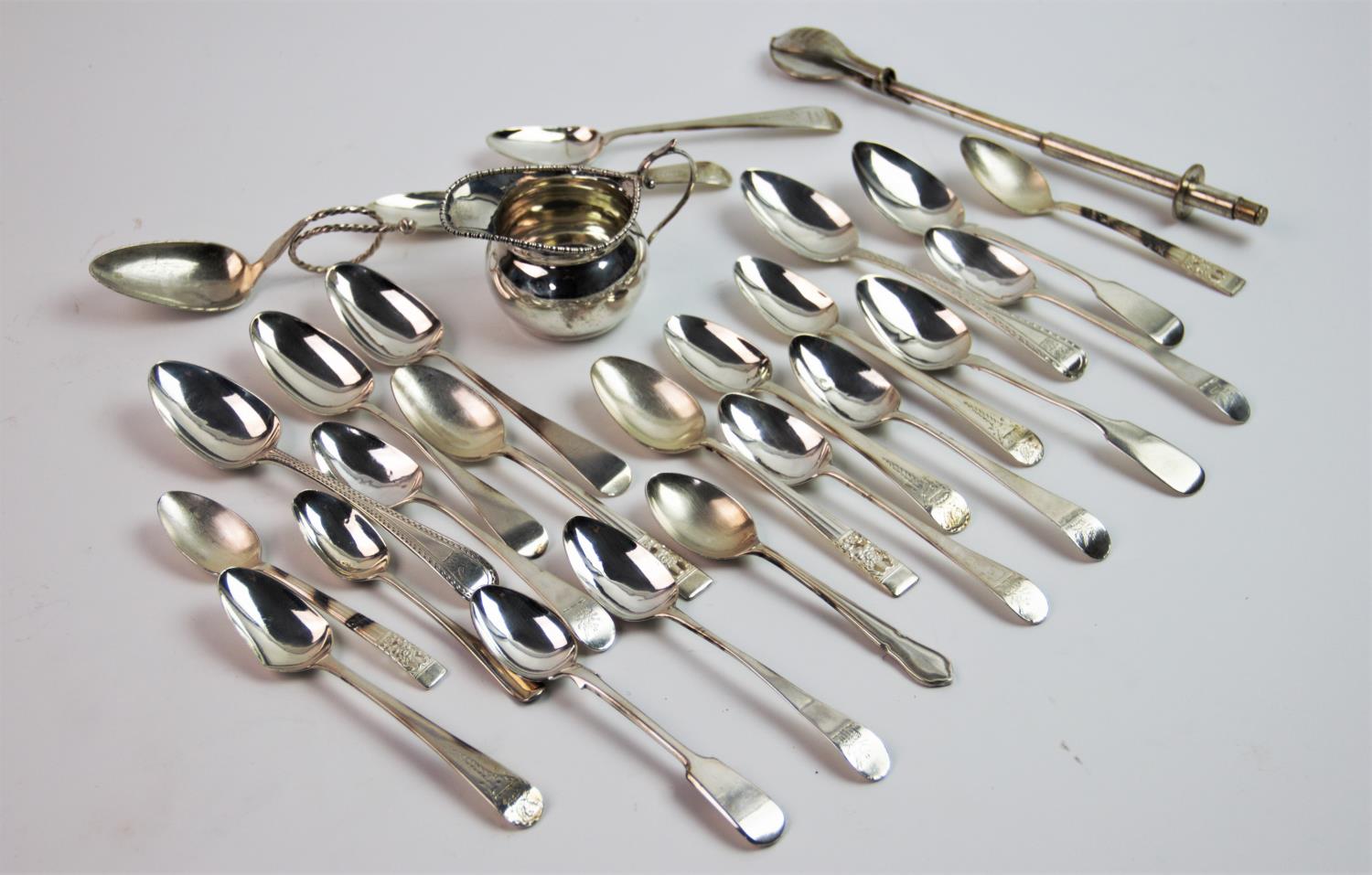 A selection of silver items, to include; a set of five George III silver Old English pattern