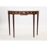 A Regency style marble top console table, mid 20th century, with a demi lune marble top above a