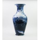 A large baluster vase, painted by William Yale, late 19th century, in monochrome flow blue with
