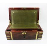 A 19th century mahogany and brass bound stationery box, with an enclosed green leather and gilt