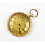 An 18ct gold lady's fob watch, the gilt dial with Roman numerals and engraved foliate decoration,