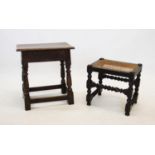 A 17th century style oak joint stool, mid 20th century, on ring turned baluster legs with plain