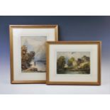 A M Stuttard (English school), Two watercolours on paper, Castle scene with figures by a river and