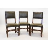 A set of six 17th century style oak dining chairs,early 20th century, each with studded green