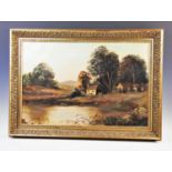 English School, Oil on canvas, Landscape with cottage and pond, 48.5cm x 74cm, Gilt framed, With J
