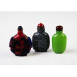 Three Chinese snuff bottles, comprising; a Peking glass example, signed, 8cm high, a snowflake