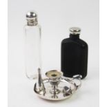 A silver topped flask, Wright & Davies, London 1929, the moulded glass body of rectangular form,