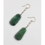 A pair of carved jade and freshwater pearl drop earrings, total length of drop 5cm, upon 9ct