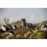Welsh school (20th century), Oil on board, A Welsh village scene with churchyard, Indistinctly