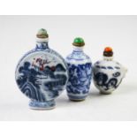 Three Chinese porcelain snuff bottles, comprising; a moon flask example, Kangxi four character mark,