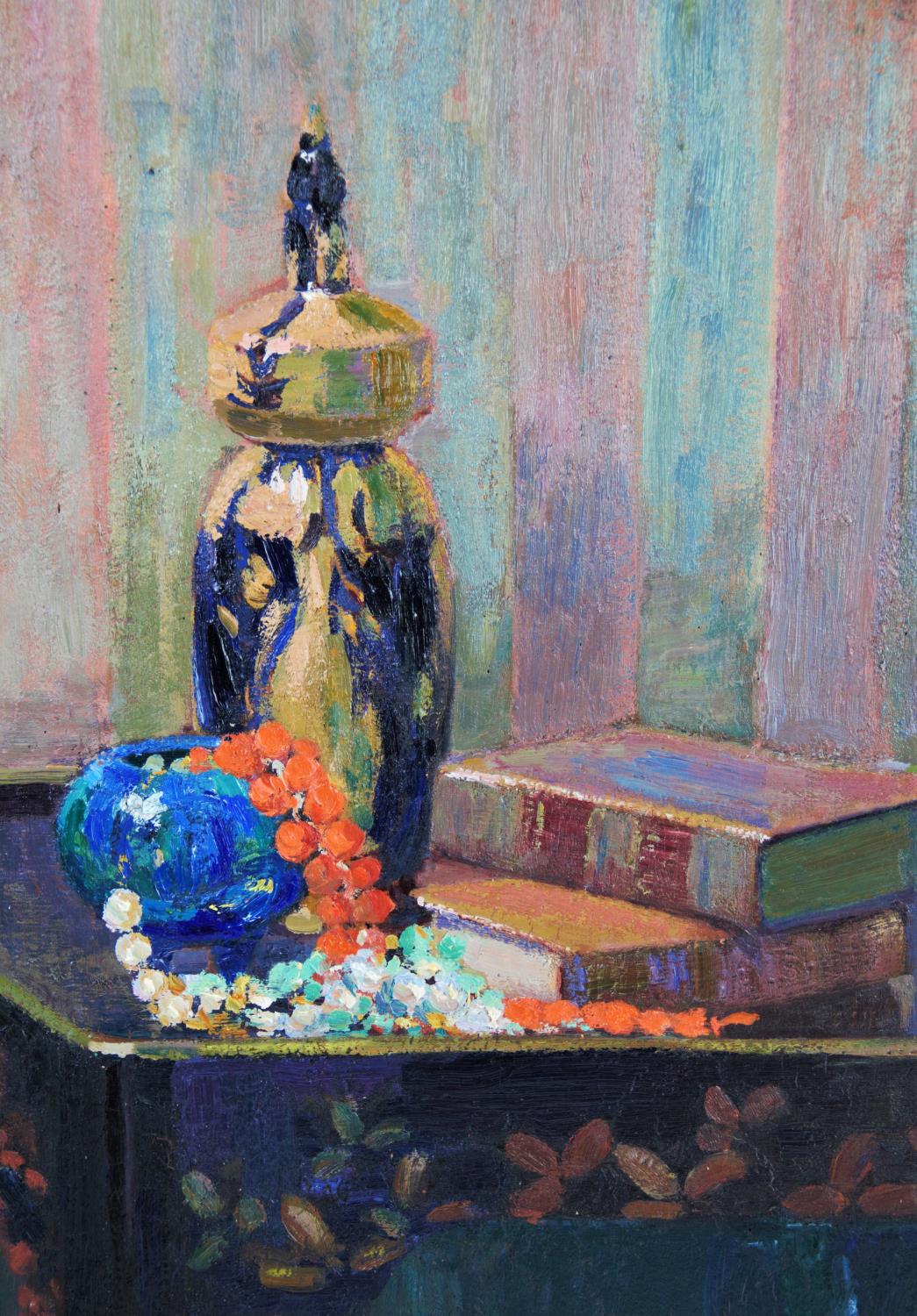 F Gazeneuve (French school), Oil on board, Still life with tall jar, books and beads, Signed lower - Image 2 of 3