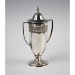 An Edwardian silver sugar castor, Williams Ltd, Birmingham 1908, the two handled baluster form