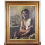 G.P Mackeson, Oil on canvas, Portrait of a lady in floral dress, Signed lower left and dated 1948,