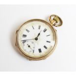 A lady's 14K gold open face fob watch, the white enamel dial with applied gold decoration, Roman