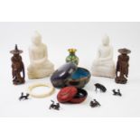 A selection of Asian objects of virtue to include a pair of Chinese carved sages, 15.5cm high, a