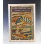 A felt work picture, early 20th century, depicting a hilly landscape with village and cows, made