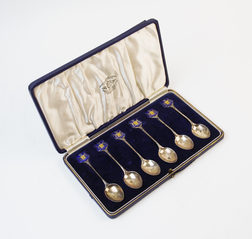 A set of early 20th century six white metal and enamel teaspoons, each with blue and yellow - Image 2 of 2