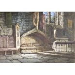 Samuel Rayner (1806 - 1879), Watercolour and gouache on paper, An ecclesiastical interior, Signed