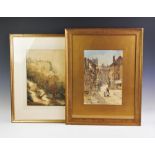 A selection of 19th century and later pictures, comprising; a watercolour on paper, street scene,