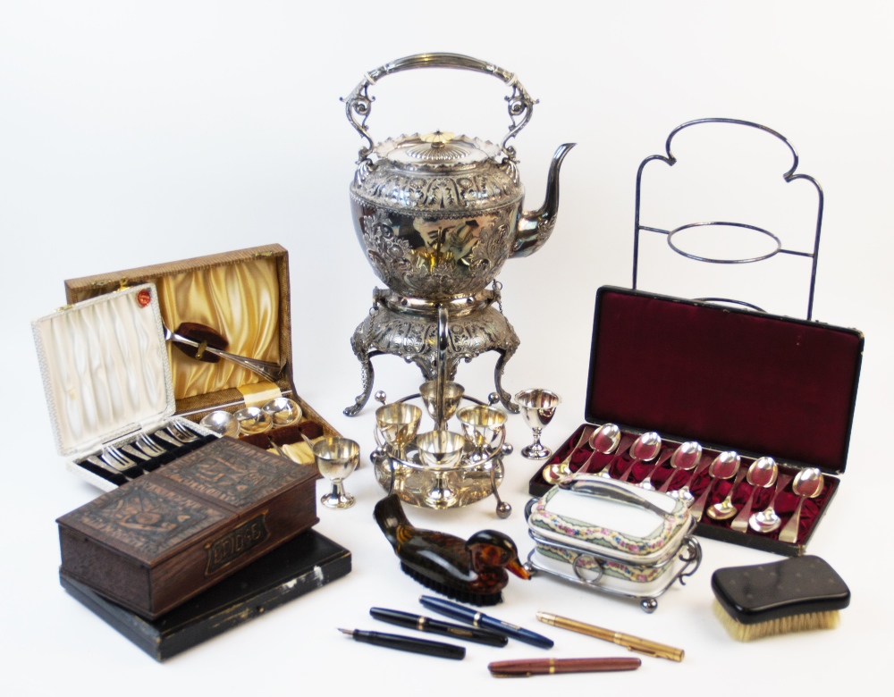 A collection of silver plated items to include, a continental metal mounted sardine dish, the