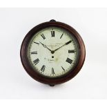 A Victorian mahogany cased drop dial fusee wall clock, the 29cm painted white dial with an