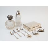 A selection of silver and silver coloured items to include, a silver cigarette box, Crichton