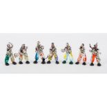 SETTE SCULTURE in argento e vetro di Murano raffiguranti "Clown". XX secolo Misure: h cm 7