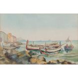 F. BOSCO ACQUARELLO "Paesaggio marino con barche". XX secolo Misure: cm 36 x 53