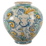 BOCCIA in ceramica smaltata e decorata a motivo floreale con medaglione raffigurante "Santo".