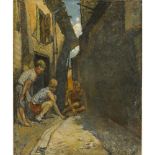 GIUSEPPE TORELLI (Cormons (Go) 1881 - Trieste 1959) OLIO su tavoletta "Ragazzi tra i vicoli",