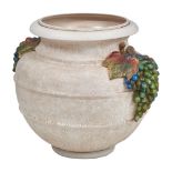 CACHEPOT in ceramica dipinta e decorata con anse a guisa di grappoli d'uva. II meta' XX secolo