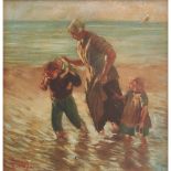 OLIO su tavoletta "Paesaggio marino con mamma e bambini", monogrammato in basso a destra F.M. XX