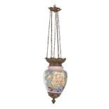 LAMPADARIO saliscendi in opaline ed ottone dipinto a mano raffigurante "Putti" con lumeggiature in