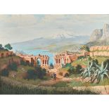 PITTORE DEI PRIMI DEL '900 OLIO su tavoletta "Veduta Teatro Greco di Taormina". Misure: cm 28 x 38