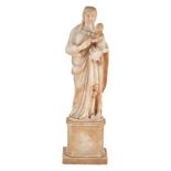 SCULTURA in marmo raffigurante "Madonna con Bambino", con colonna in marmo. Sicilia XVIII secolo