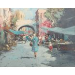 OLIO su tavoletta "Mercato cittadino", firmato in basso a destra. XX secolo Misure: cm 38 x 48